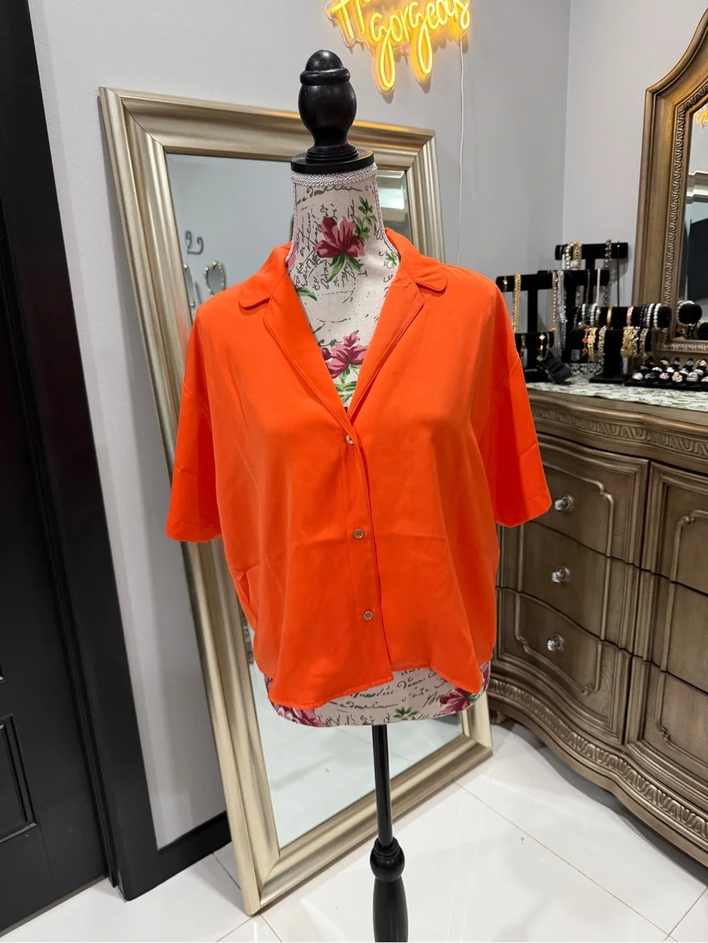 Michael Kors Vibrant Orange Short-Sleeve Button-Down Blouse